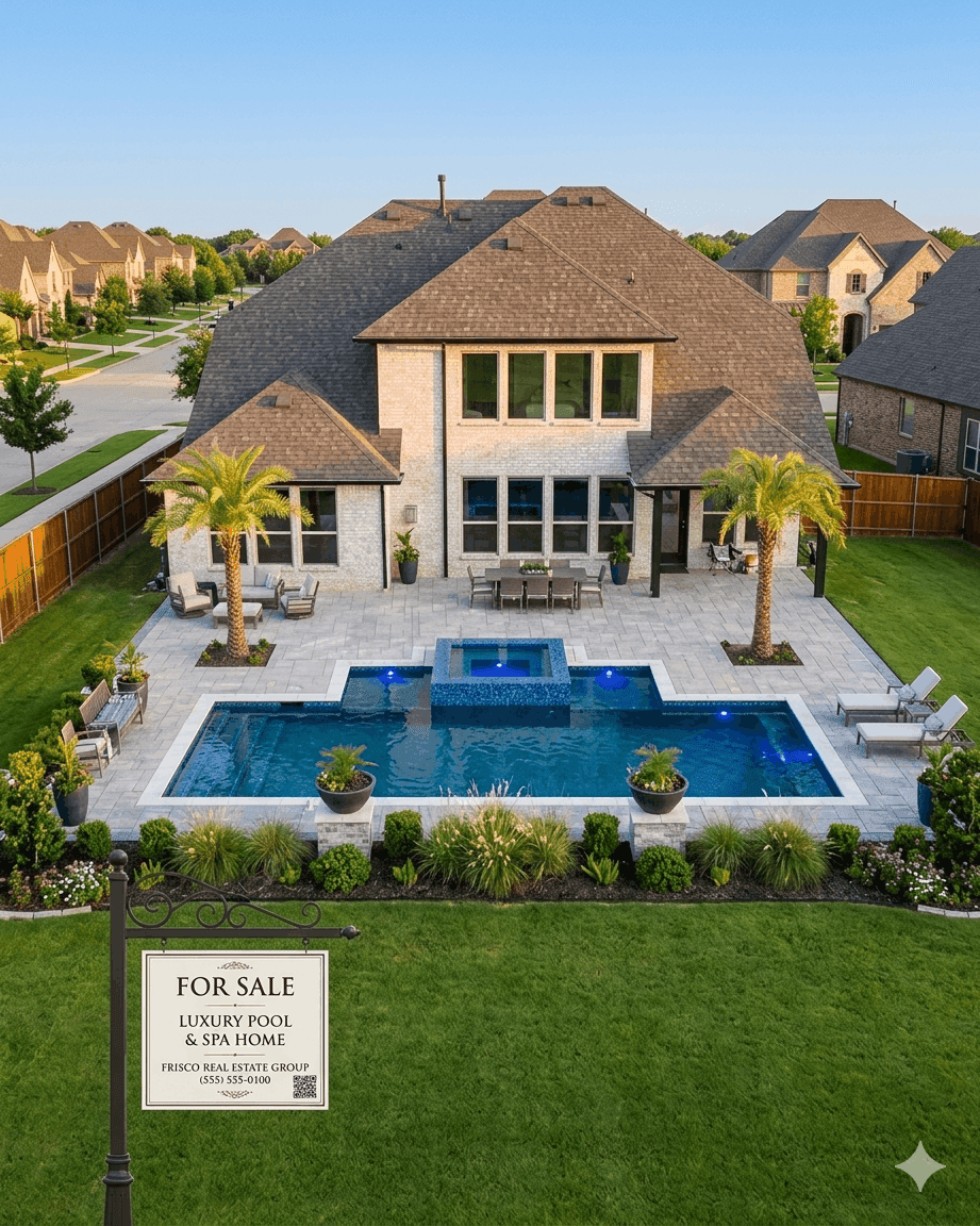 Luxury real estate in Frisco, Texas, featuring a 'For Sale' sign in front of a modern home with a custom swimming pool and integrated spa, illustrating the ROI of pool installation.