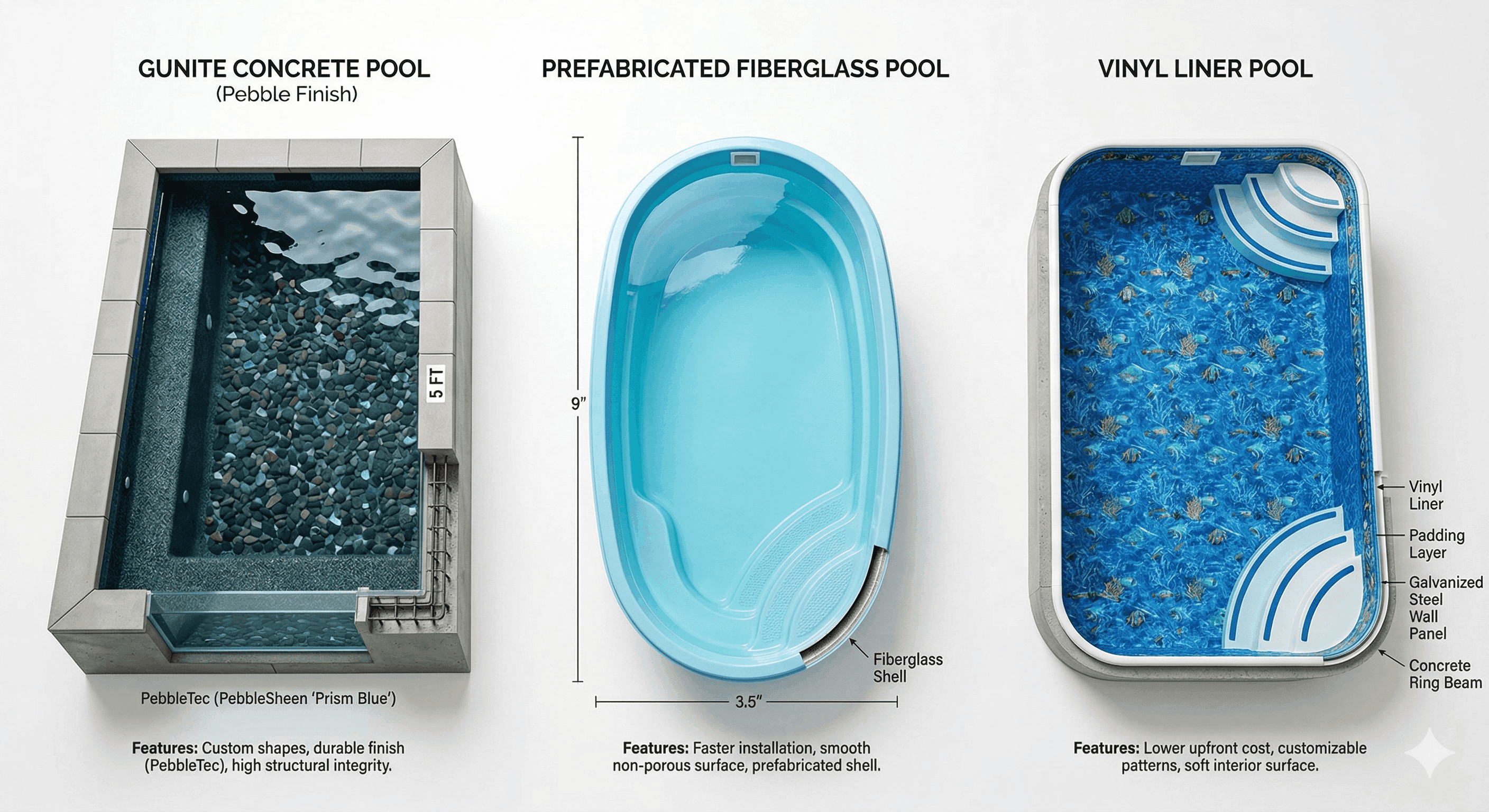 Comparison of three swimming pool types: a rectangular gunite concrete pool with pebble finish, an oval light blue fiberglass pool, and a patterned vinyl liner pool on a white background.