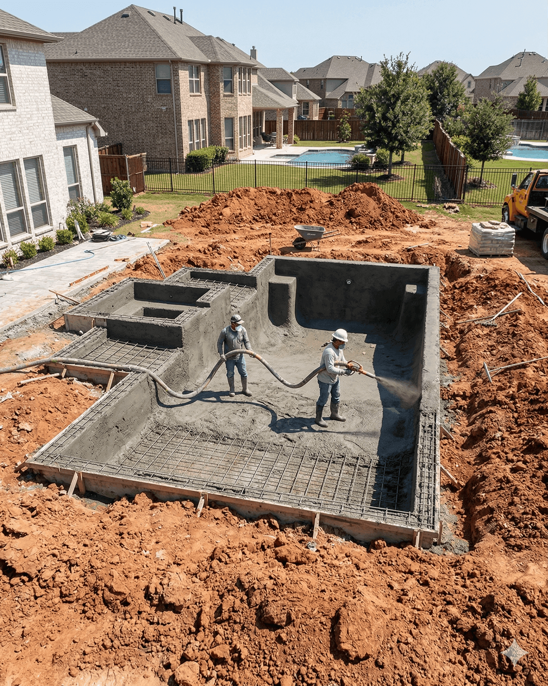 Construction workers applying gunite to a steel rebar pool frame in a Frisco, Texas backyard, showing the excavation and structural phase of building a custom inground pool.
